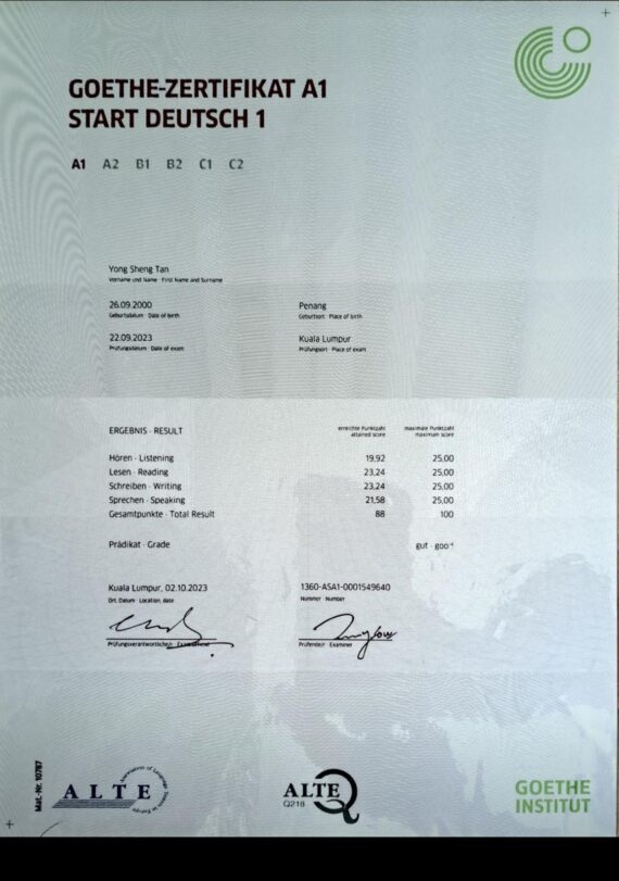 Registriertes Goethe A1-Zertifikat